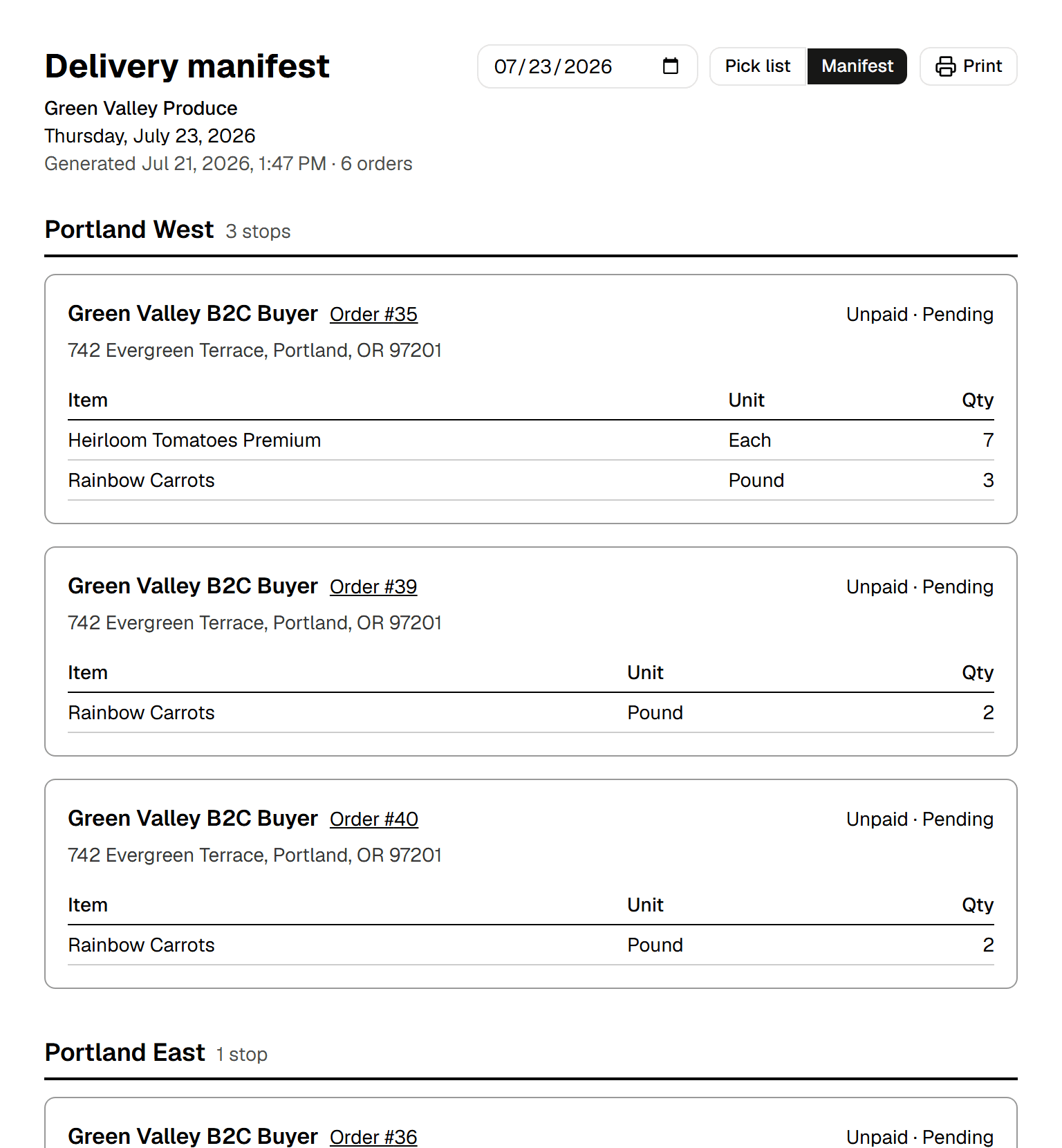 The top of the delivery manifest for Thursday, July 23: a date picker, view toggle, and Print button above stops grouped under the zone headings Portland West and Portland East, each stop showing the customer name, order number, address, payment state, and an item table with units and quantities.