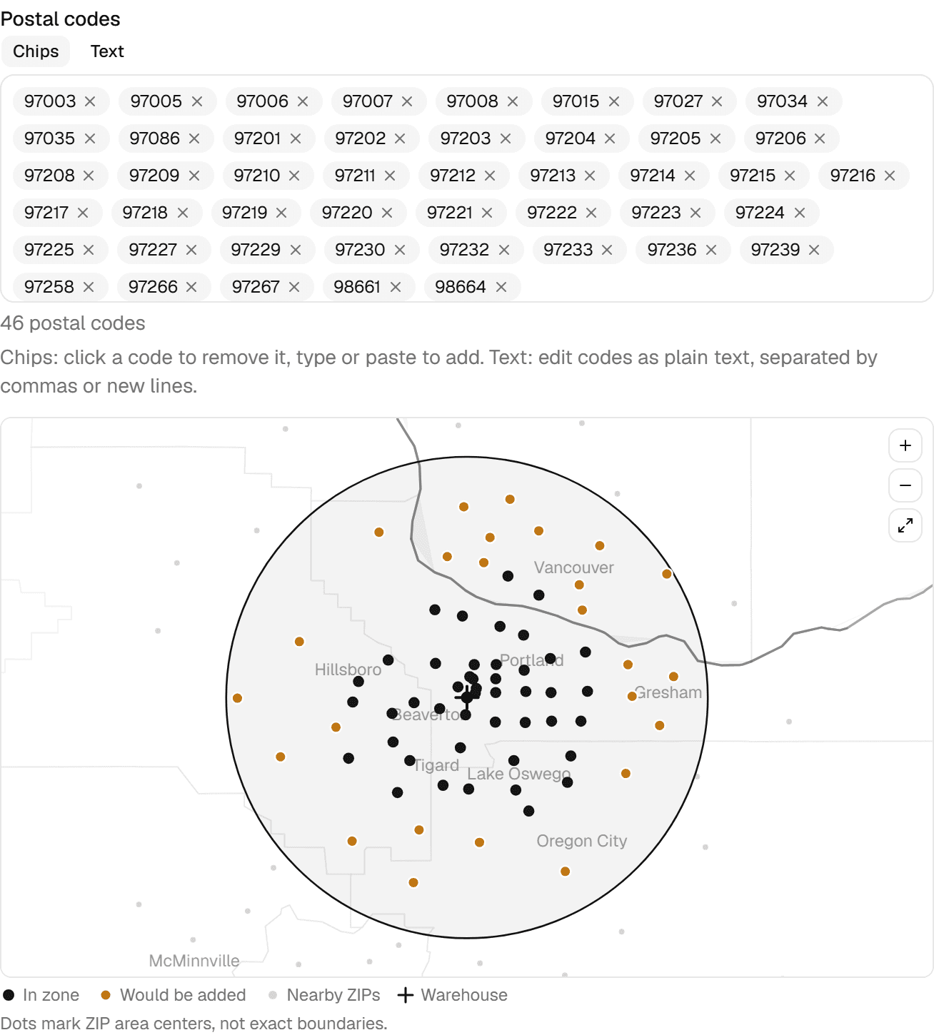 Zone editor during a radius prefill: the zone's ZIP codes as removable chips with a live count above a stylized coverage map with zoom controls, where in-zone ZIP codes appear as dark dots around the warehouse marker and proposed additions as amber dots inside the radius circle, drawn over land with county boundary lines and muted city name labels such as Portland and Vancouver, with a legend beneath.